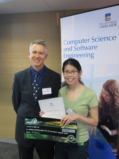 Simon Ratcliffe presents Hope Lee with the Maptek Prize for Computer Science, 2017.