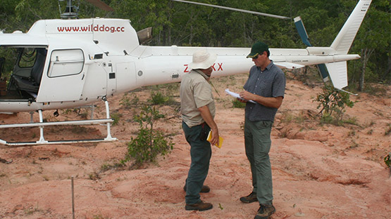 Malcolm Titley  conducting an exploration review with Jim Brigden on the Mantra Uranium project, Tanzania, in 2010.