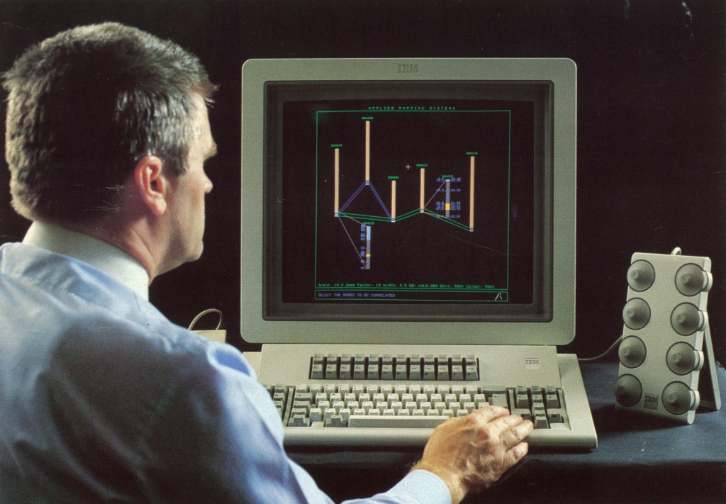Dr Bob Johnson using an early version of Vulcan mine planning software in 1984